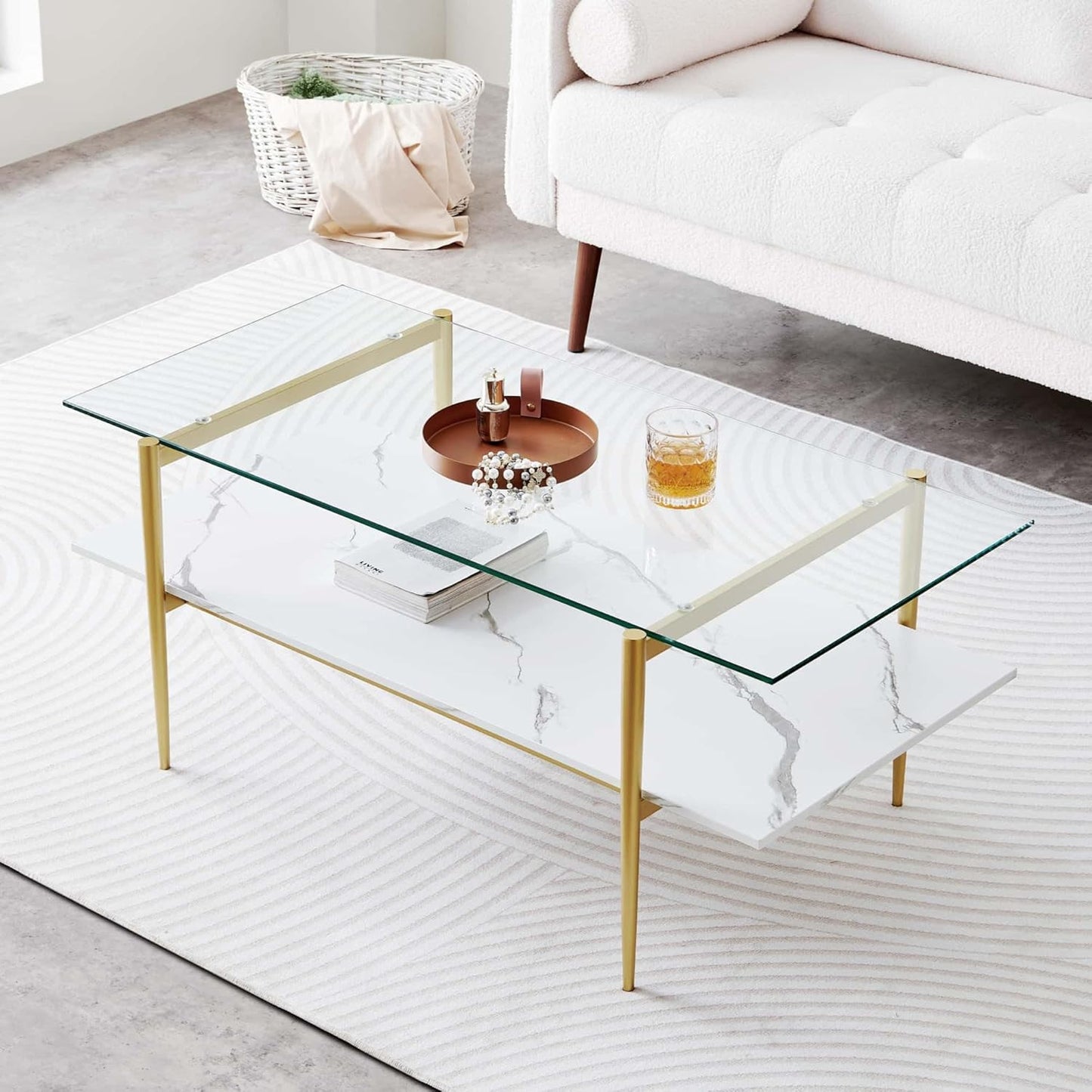 Rectangle Coffee Table for Living Room, Mid-Century Modern Design, L41 x W21 x H17, 2-Tier Structure, Clear Glass Top and White Marble Finish Wood Shelf, Conical Legs with Gold Finish