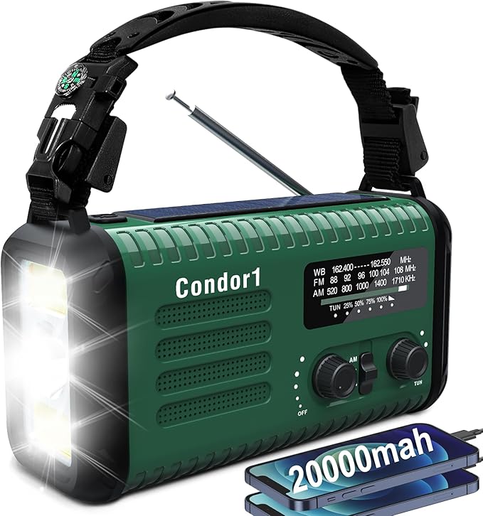Emergency Weather Radio, 20000mAh NOAA/AM/FM Solar Hand Crank Radio with USB Phone Charge, Battery Powered, SOS Alarm, LED Reading Lamp & Flashlight for Emergencies Survival
