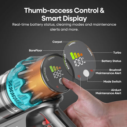 Cordless Vacuum Cleaner, Upgraded 580W 48KPA 65Mins Vacuum Cleaners for Home, Stick Vacuum with Self-Standing and Touch Screen, Anti-Tangled Handheld Vacuum for Pet Hair, Floors, Carpets, K10