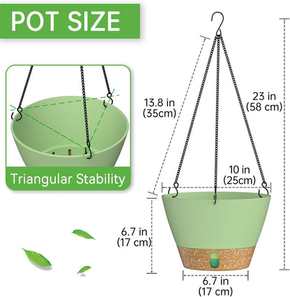 ZMTECH 2 Pack 10 Inch Hanging Planters for Outdoor Plants, Hanging Pots for Plants Indoor with Visible Water Level, Hanging Flower Basket with Drainage Holes & Removable Tray(Green)
