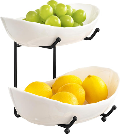 HBlife Fruit Bowl for Kitchen Counter - 2 Tier Ceramic Fruit Rack, Fruit Basket for Fresh Fruit&Veggies, Tiered Fruit Platter Serving Trays for Party
