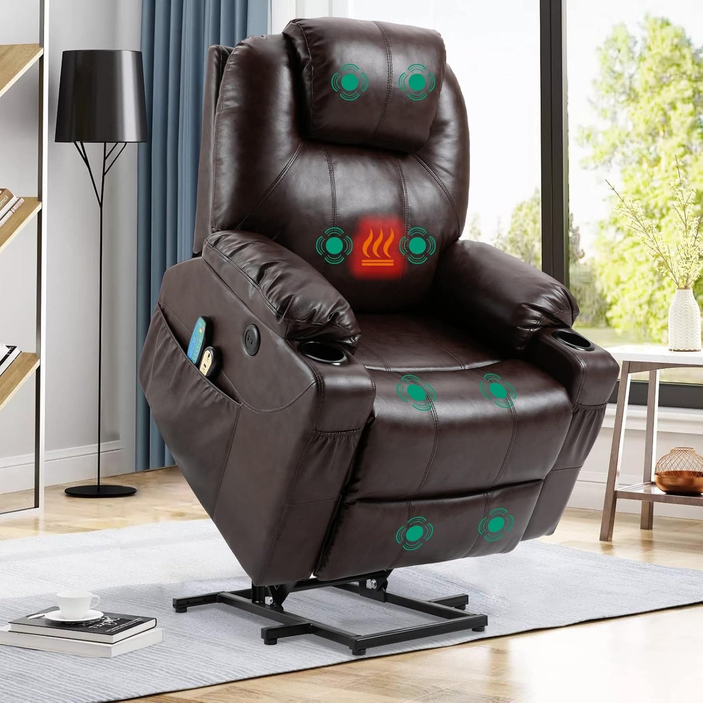 VIVIJASON Power Lift Chair Electric Recliner for Elderly Heated Vibration Massage Faux Leather Recliner Chair with 2 Remote Controls, Cup Holders, Side Pockets & USB Ports for Living Room (Brown)