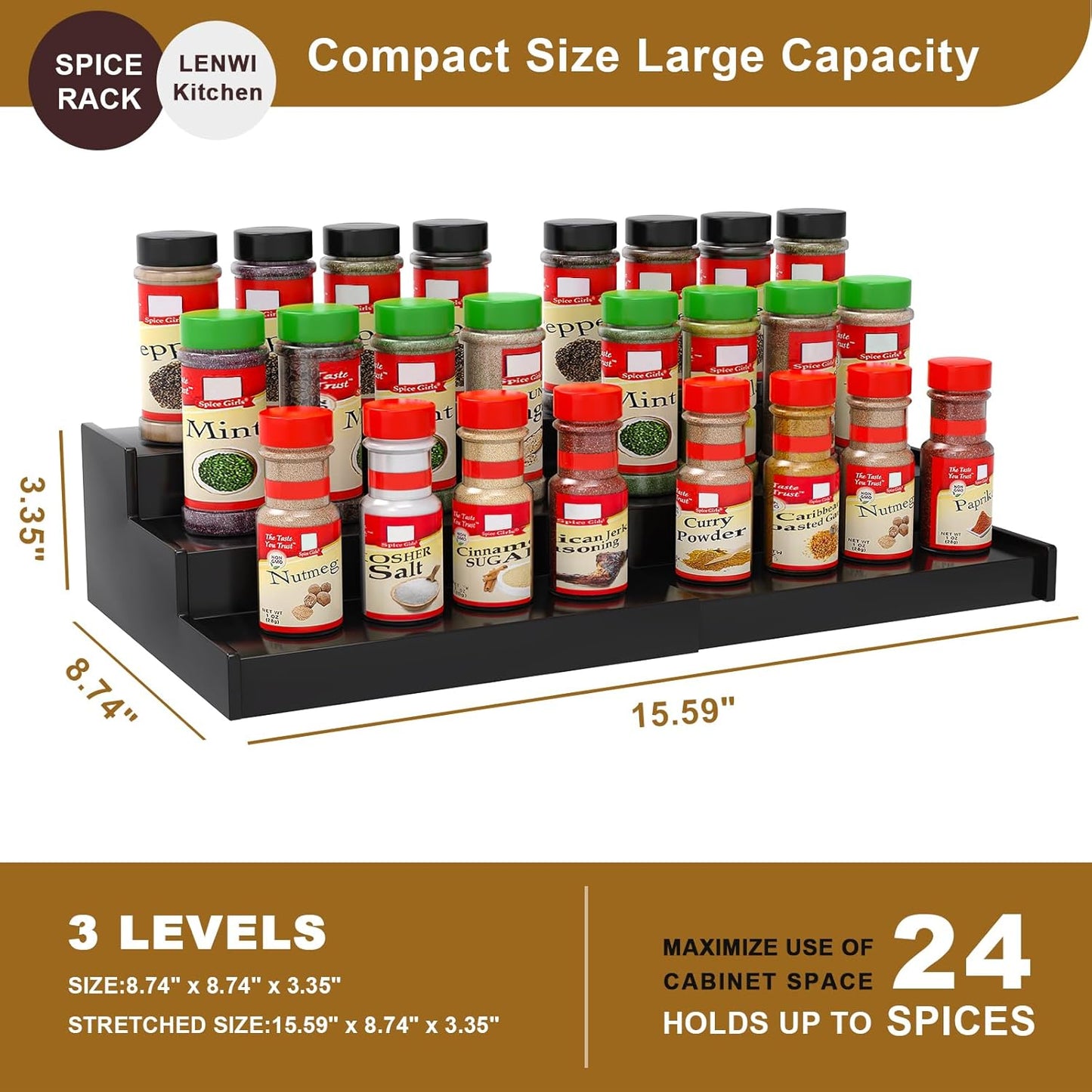 Spice Rack Organizer for Cabinet 2Pack, 3 Tier Expandable Bamboo Spice Storage, Great for Kitchen Cabinet, Cupboard,Pantry and More(Black)