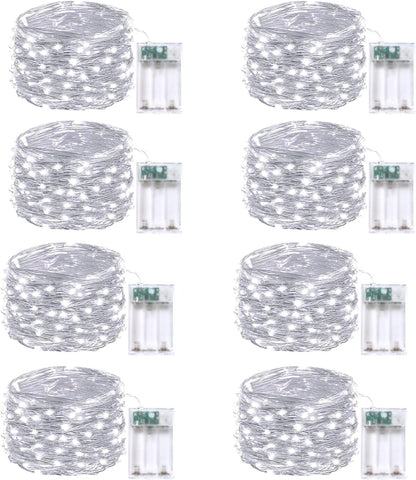8-Pack Fairy Lights Battery Operated with Remote & Timer & 8 Modes, Waterproof 16 FT 50 LED String Lights Outdoor Indoor, Battery Twinkle Lights for Christmas Bedroom Centerpiece Décor (Cool White)