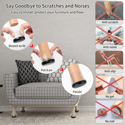 Ezprotekt 24 Pcs Large Clear Silicone Chair Leg Sliders for Carpet, Round Chair Glides for Rug, Teflon Furniture Pad Bar Stool Chair Leg Protectors Caps to Slide Smooth (XL Fit: 1-2/5" to 1-13/20")