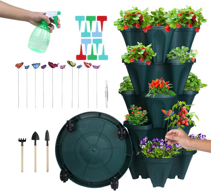 DUNCHATY Stackable Planter, Vertical Strawberry Planter with Garen Tool Set, Indoor/Outdoor 5 Tier Herb Planter Pots for Growing Vegetables and Succulents, Pine Green