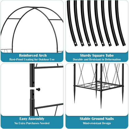 8.2 Ft Garden Arch Trellis for Climbing Plants Outdoor, Wedding Arch Frame for Ceremony Garden Arbors and Arches with 2 Planter Boxes, Metal Arch Backdrop Stand for Party Halloween Archway, Black