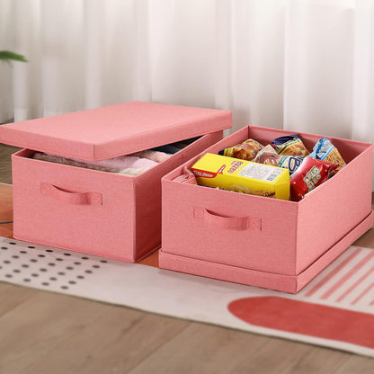 HOONEX Linen Foldable Storage Bins with Lids, 2 Pack, Storage Boxes with Carrying Handles and Sturdy Heavy Cardboard, 16.5" L x 11.8" W x 7.5" H for Shoes, Books, Clothes, Nursery, Pink