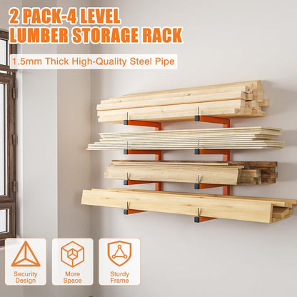 2-Pack Lumber Storage Rack, Wood Storage Racks Wall Mount, Heavy Duty Garage Wood Organizer With 4-Level System, Orange Utility Rack Organization Up 800 Lbs, Metal Lumber Shelf for Indoor and Outdoor