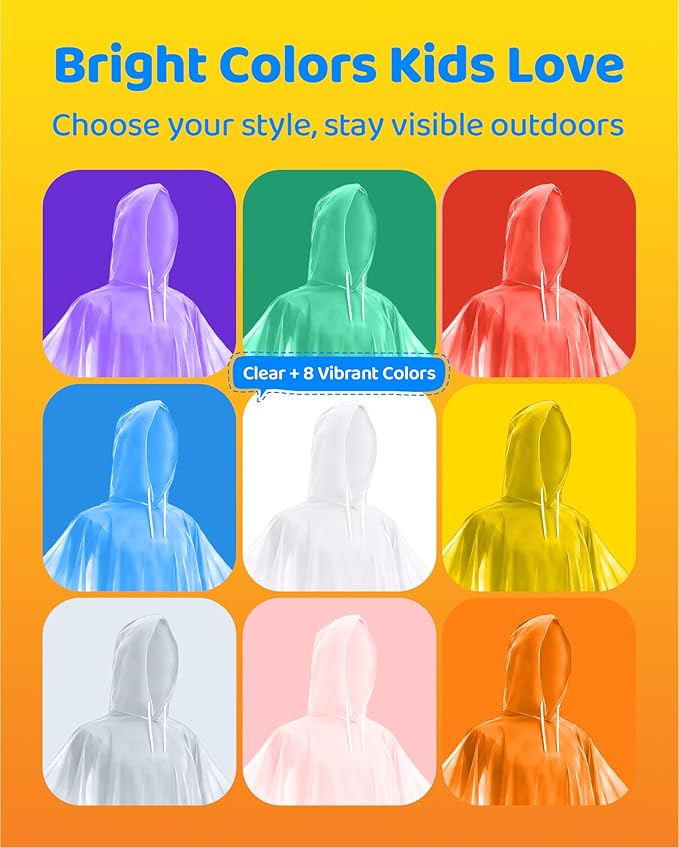 Hitituto Rain Ponchos Family Pack Kids– 6/12/24 Pack Disposable Poncho with Hood, Clear & Assorted Colors, Home Survival Kits