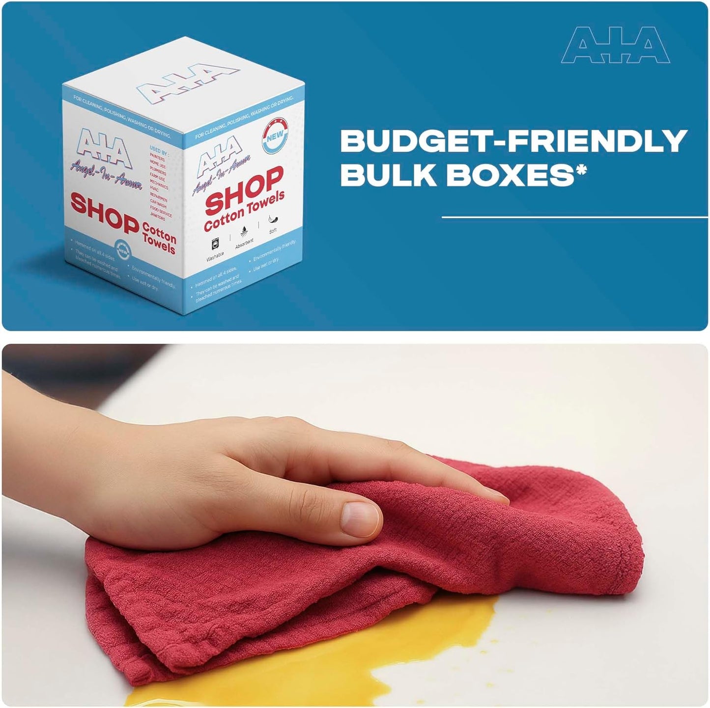 Angel-in-Armor Shop Towels (14”x14”) – 1000 Unit Box of Lint-Free Cotton Shop Towel Cleaning Rags – Durable Shop Rags for Auto, Garage, Industrial, and Commercial Use