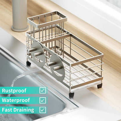 HapiRm Sink Caddy Sponge Holder - Self-draining Kitchen Sink Organizer with Smiley Face and Brush Holder, Stainless Steel Kitchen Sponge Caddy for Countertop - Brushed Nickel