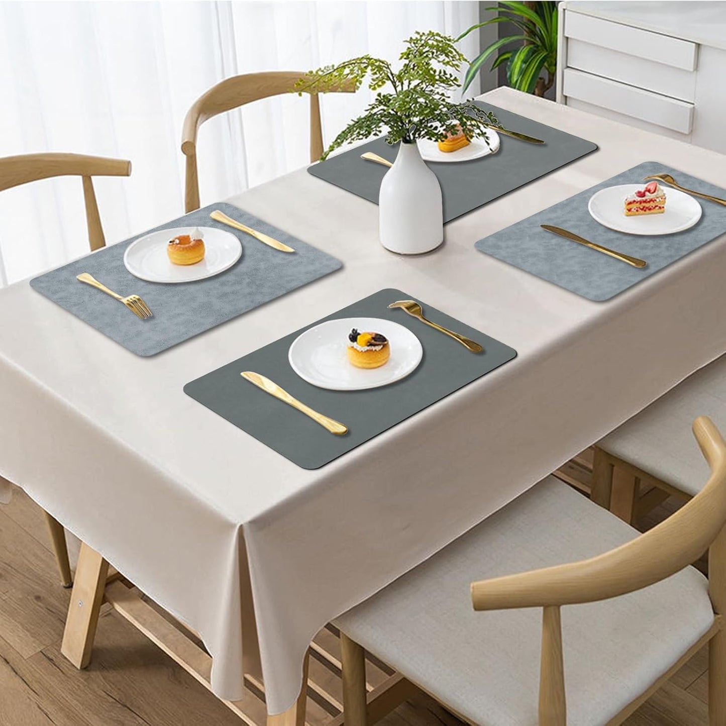 BLESWIN Faux Leather Placemats, PU Dining Table, Waterproof and Oil Resistant Easy to Clean, Heat Resistant Reversible Use Table Mats for Kitchen, Dining Table, Outdoor – 12 × 17 Inch, Grey&Dark Grey