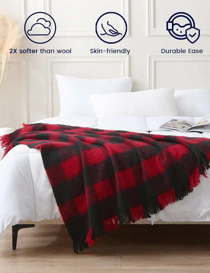 ZonLi Christmas Buffalo Plaid Throw Blanket, 50" x 60" Black and Red Decorative Blankets with Tassel for Couch, Bed, Sofa, Chair, Outdoor, Cozy Warm Lightweight Farmhouse