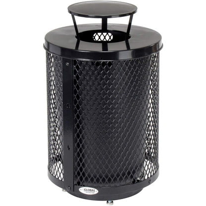 Global Industrial Outdoor Diamond Steel Trash Can with Rain Bonnet Lid, Raised Base and Plastic Liner, 36 Gallon Capacity, Black, Thermoplastic Coating, 23-1/2" Diameter, 43-1/2"H