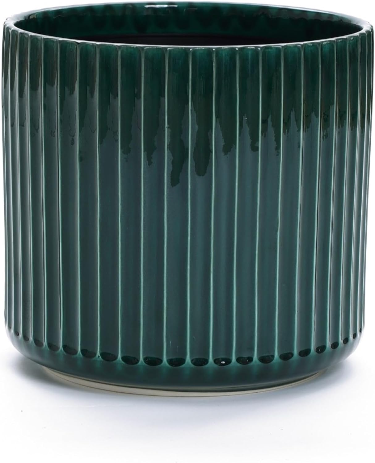 LuxenHome 11" Dia Jade Green Glazed Ceramic Planters, Large Outdoor Indoor Plant Pots with Drainage Hole and Rubber Plug, Modern Round Ribbed Flower Pots Planters for Home Garden Patio Office