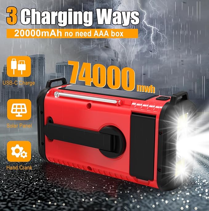 Emergency Weather Radio, 20000mAh Solar Hand Crank NOAA AM FM Radio, Battery Powered, SOS Alarm, LED Reading Lamp & Flashlight for Home Hurricane Outdoor Survival (Red)