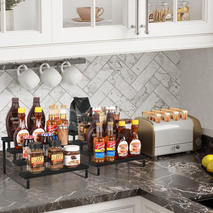 YINMIT Wooden Display Riser Stand, Tiered Perfume and Cologne Organizer Stand, 4 Tier Spice Rack Organizer, Rustic Display Shelf for Candles (4 Tier,2Pack,Black)