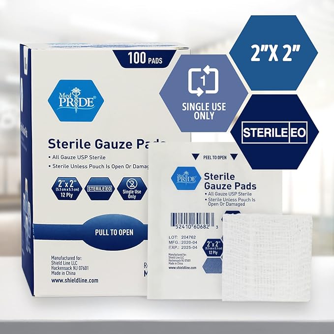 MED PRIDE Sterile Nonstick Gauze Dressing Pads, 12-Ply Cotton, Highly Absorbent, Individually Wrapped for Wound Care and First Aid (2x2 Inch (Pack of 100))