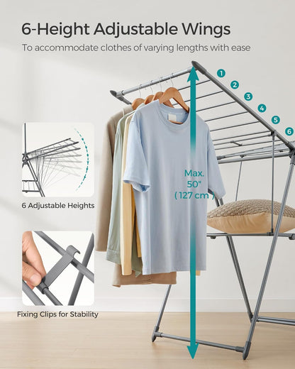 SONGMICS Clothes Drying Rack, Foldable 2-Level Laundry Drying Rack, Free-Standing Airer, 1 Additional Tall Hanging Bar, 2 Height-Adjustable Wings, 24 Drying Rails, Space Savng, Gray ULLR521G01