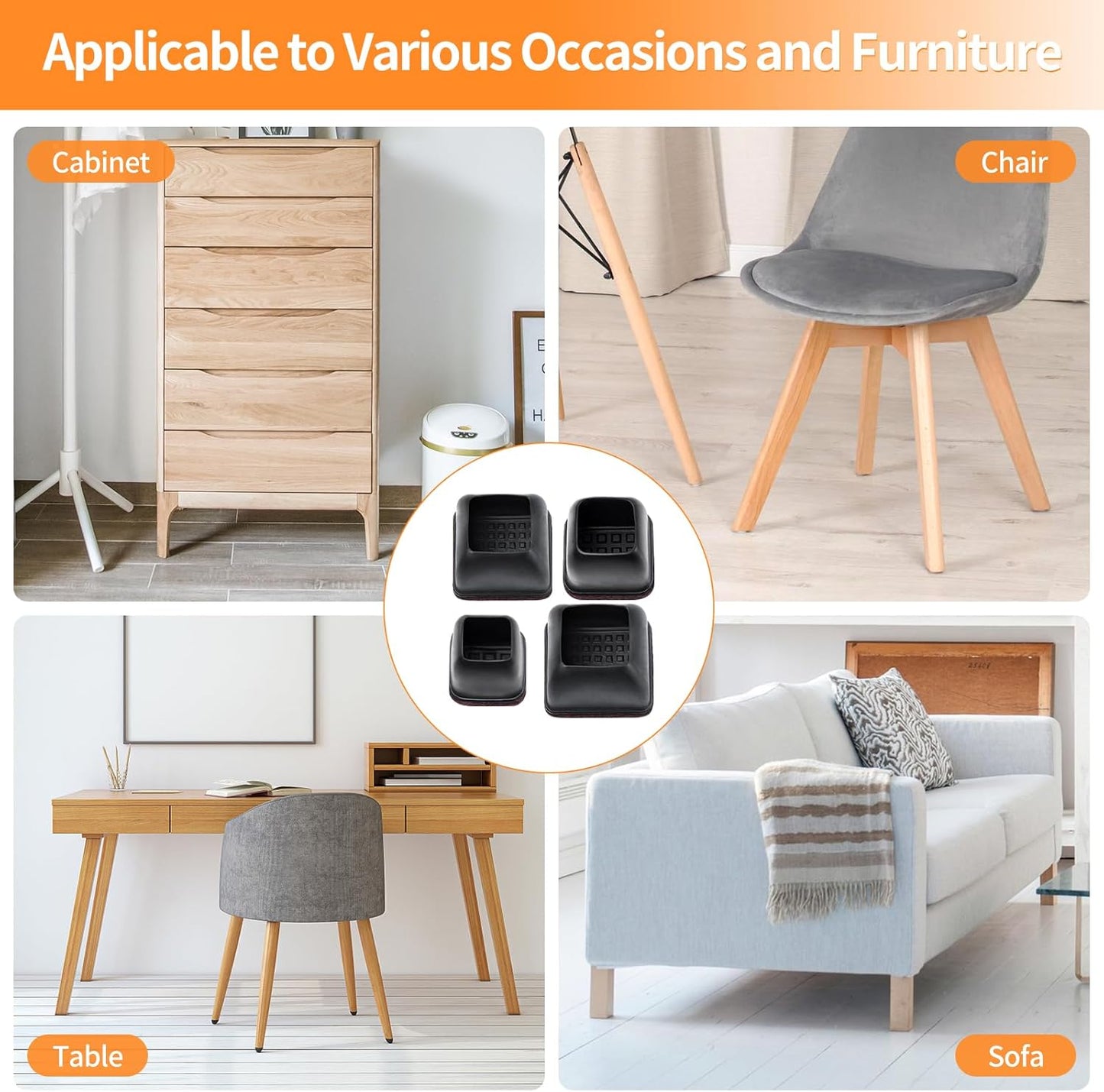 Ezprotekt 24 Pcs Black Square Chair Leg Floor Protectors with Felt, Silicone Felt Furniture Pads Cups for Hardwood Floor, Dining Table Leg Caps Covers No Scratches and Noise (M Fit: 0.75" - 1")