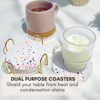 Terrazzo Drink Absorbent Coasters with Holder Set of 6, Ceramic Coaster for Drinks, Coffee Table Decor, Water Absorbing Stone Coaster for Drinks (Color Burst)