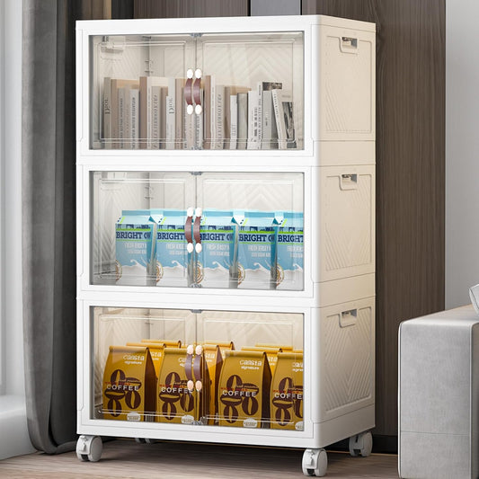 Extra Large Stackable Storage Bins with Lids & Wheels & Door, 336QT-112QT/28GAL*3Pack Foldable Collapsible Closet Organizers, Plastic containers drawers for bedroom Dorm