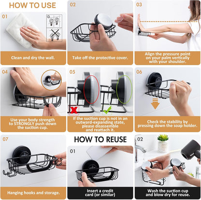 LEVERLOC Soap Holder Dish for Shower Wall, Bar Suction Cup Soap Saver Tray with Hooks, Rust Proof Draining Stainless Steel for Bathroom Bathtub Kitchen Sink & Bath Organizers, Black