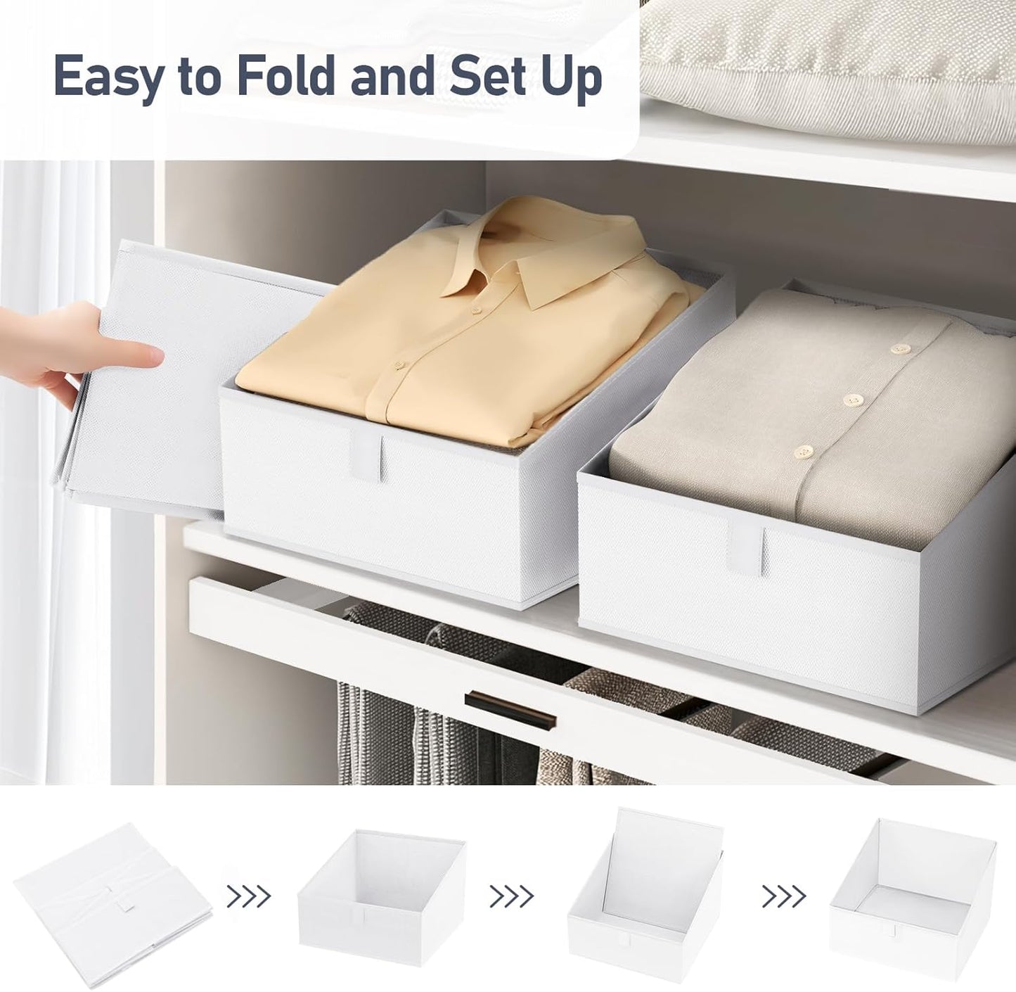 DIMJ Closet Storage Bins 6 Pack - Fabric Trapezoid Organizer Bin, Foldable Storage Baskets for Shelves, Closet Shelf Organizer, Clothing Storage Box for Toys, Books, Towel, Clothes, White