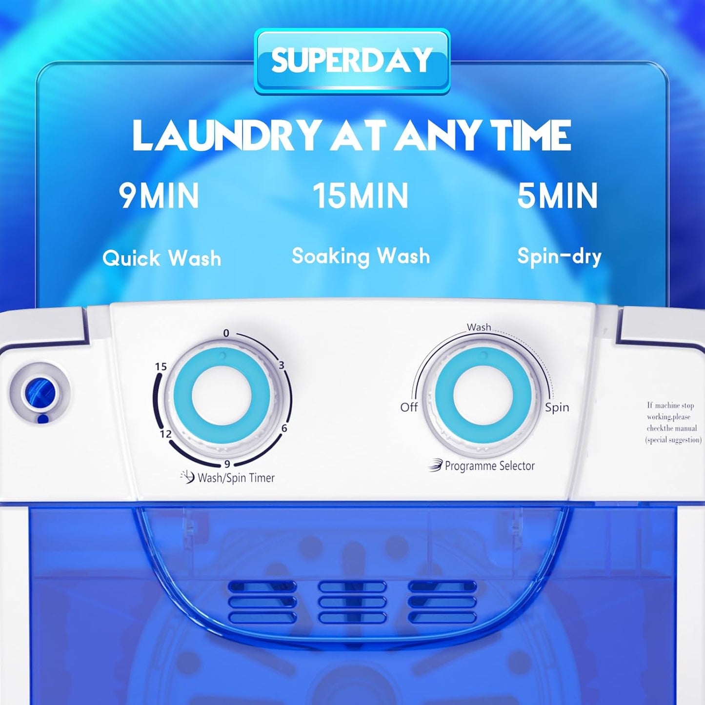 Superday Mini Portable Washing Machine, Single Tub Compact Washing Machine with Spin Cycle, 6.6LBS Washing Capacity Small Electric Washer Machine for Home, Apartments, Outdoor, RV, Dormitory, Blue