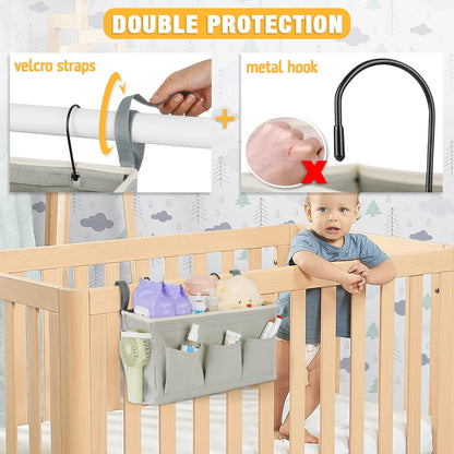 Bedside Storage Organizer with Fixed Straps and Water Bottle Holder for Home, College, Dorm, Bunk / Hospital Bed, Crib Bed Rails (Grey)