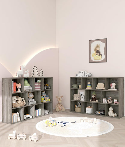 11-Cube Kids Toy and Book Storage Organizer – Wooden Cube Bookcase for Playroom and Nursery Organization, Baby Bookshelf and Kids Shelves for Room or Classroom, French Oak Finish