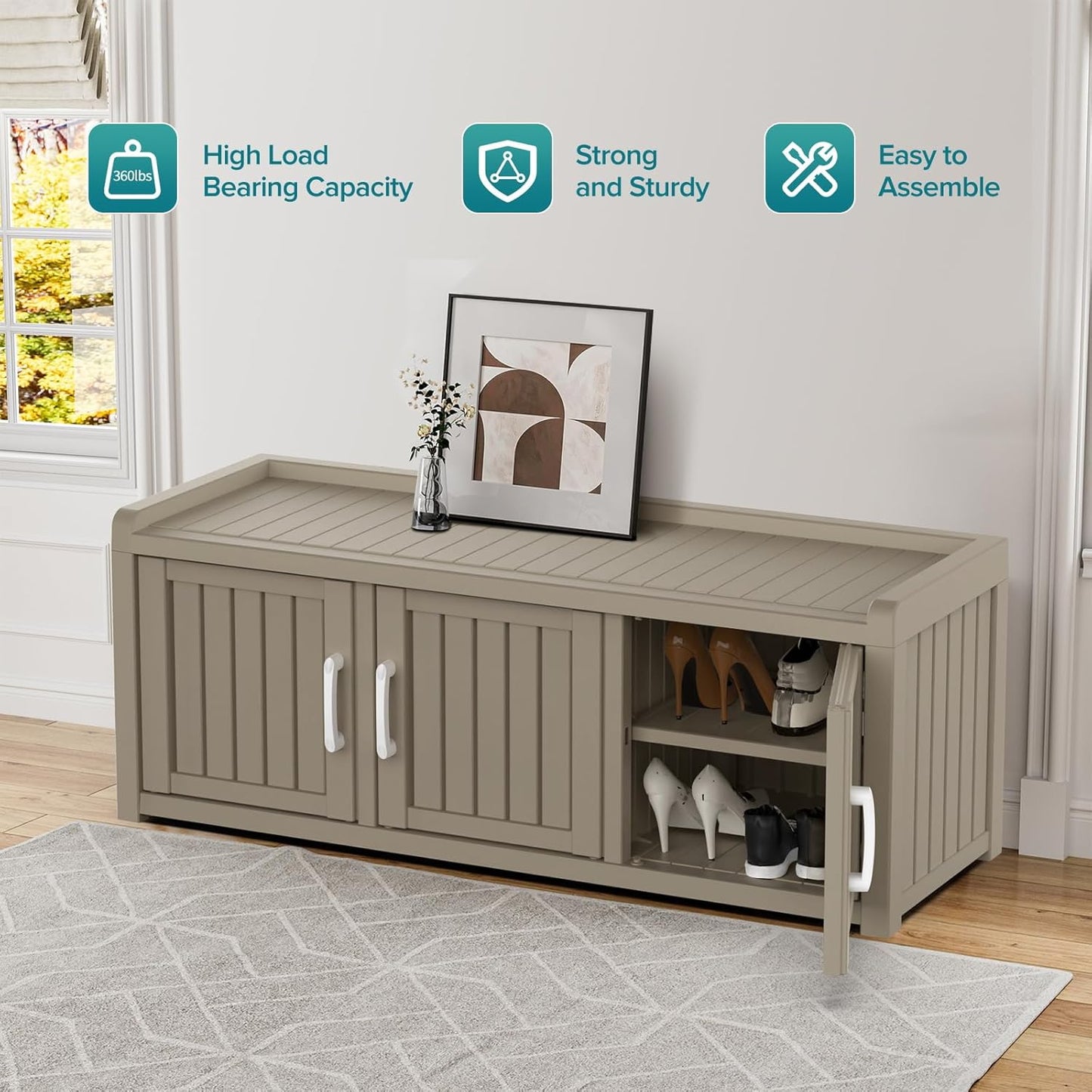 ROJIK Shoe Cabinet Waterproof UV-Resistant,Storage Bench Indoor Outdoor with Adjustable Shelves,for Entryway Bedroom,Hallway,Living Room(3 Door,Grey)