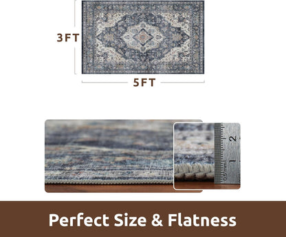 AMOAMI-3X5 Area Rug-Soft Washable Vintage Throw Accent Rugs for Living Room, Entryway, Bedroom, Kitchen, Bathroom, Laundry Room, Kitchen, Bathroom, Bedside, No Slip Blue