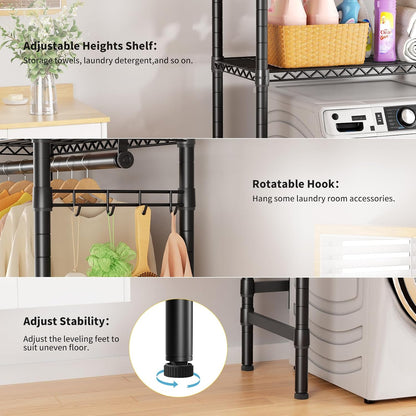 Over Washer and Dryer Shelves,2 Tier Adjustable Height Wire Shelving Laundry Room Storage Organization Clothes Drying Rack with Hanger Rod&Hooks,Space Saving Organizers Shelf,Black