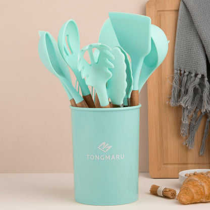 Silicone Cooking Utensils Set, Premium Beech Wood Handle Kitchen Gadgets Utensil Set, Non-Stick Kitchen Utensils Spatula, Tongs, Turner, Whisk, Brush, Spoon, BPA FREE, 446°F Resistant (Mint)