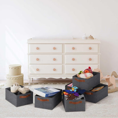 GhvyenntteS Small Fabric Storage Bins 6 Pack, 11.8" x 7.87" x 5.11" Storage Basket with Leather Handles, Closet Storage Bins for Shelves, Storage Baskets for Shelves, DVD Storage (Grey)