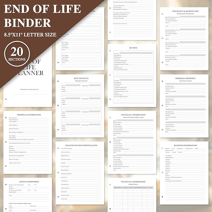 Lanpn End of Life Binder Organizer Death Planner 8.5"x11", Final Wishes & Estate Document Folder with 8 Dividers & 10 Letter Size Binder Pockets, When I Die Journal Before Death Life Plan Book, Brown
