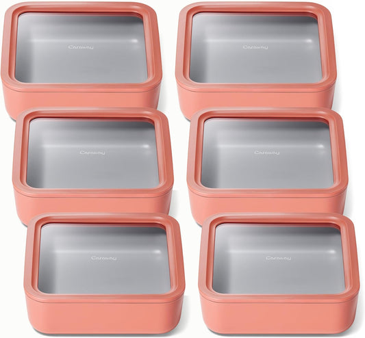 Caraway 6pc Glass Food Storage Set – 10 Cup Food Containers (6) - Ceramic Coated - Non Toxic, Non Stick with Lids - Microwave Safe - Perracotta