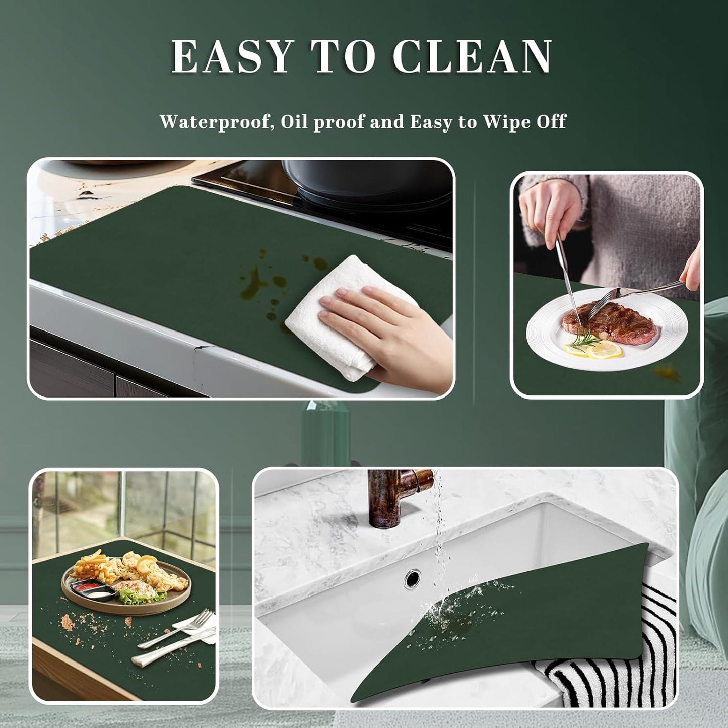 BLESWIN Faux Leather Placemats, PU Dining Table, Waterproof and Oil Resistant Easy to Clean, Heat Resistant Reversible Use Table Mats for Kitchen, Dining Table, Outdoor – 12 × 17 Inch, Forest&Grey