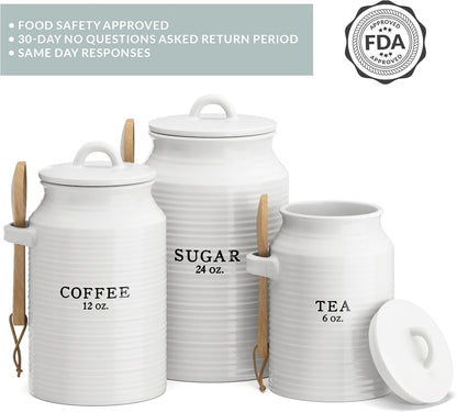 Barnyard Designs Canister Set for Kitchen Counter, Coffee Tea Sugar Container Ceramic Set, Decorative Canisters, Rustic Farmhouse Canister Jars, White (Coffee/Sugar/Tea)