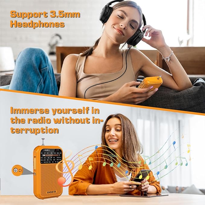 XHDATA D220 Portable Radio AM FM SW Shortwave Receiver Pocket Radios, 2AA Battery Operated Transistor Radio with Excellent Reception for Gift, Family, Elder (Orange)