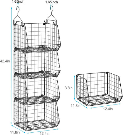 4 Tier Closet Hanging Organizer, Closet Organizers and Storage with 5 S Hooks, Closet Hanging Shelves & Freestanding Wire Storage Basket Bins, for Clothing Shoes Handbags Clutches Accessories Patent