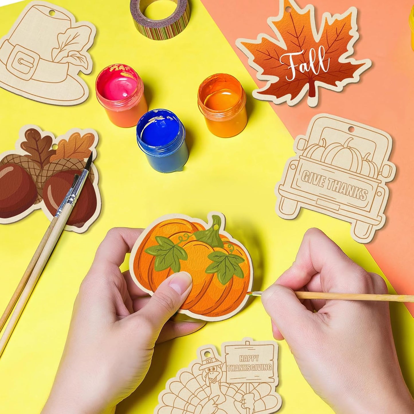 80PCS Wooden Thanksgiving Decoration Turkey Ornaments to Paint Happy Thanksgiving Cutouts Unfinished, DIY Blank Fall Unfinished Maple Leaf Corn Truck Pumpkin Ornament for Home Crafts Hanging