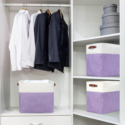 Large Fabric Storage Baskets | 50L Storage Bins, Decorative Linen Closet Baskets with Handles for Organizing, Shelf, Toys, Clothes, Home, Office, Nursery, 17x12x15Inches (Purple&White)