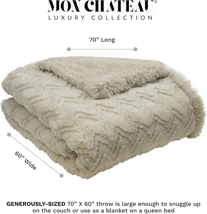 Mon Chateau Premium Reversible Queen Size Luxury Faux Fur Throw for Couch, Sofa, or Queen Size Bed - Plush Cozy Soft Blanket for Sleeping or Home Décor, 60" x 70" (Beige Jacquard)
