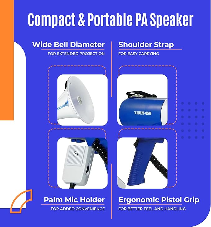 ThunderPower THUN450 Extra-Loud Megaphone Speaker – 35W Voice Amplifier for 1,400-Yard Range – Bullhorn Megaphone with Voice, Siren & Whistle Mode – Bull Horn Loud Speaker with Mic & Shoulder Strap