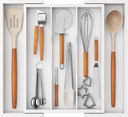 Lifewit Utensil Organizer for Kitchen Drawer, Expandable Cooking Utensil Tray, Bamboo Cutlery Silverware Flatware Holder, Adjustable Spatula Tools and Gadgets Storage Divider, Large, White