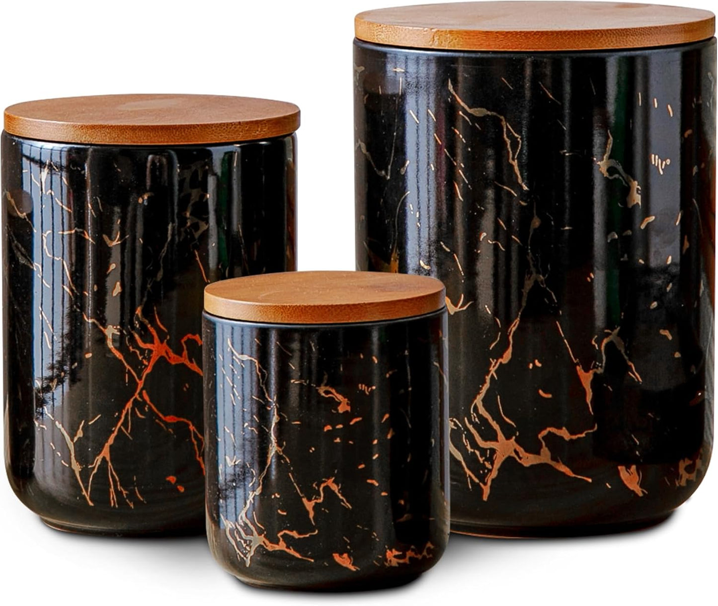 Ceramic Canister Set with Bamboo Airtight Lids, 3-Piece Kitchen Storage Jars (48oz, 30oz, 12oz) – Black with Gold Marble Pattern, Glossy Finish, for Coffee, Sugar, Flour & More