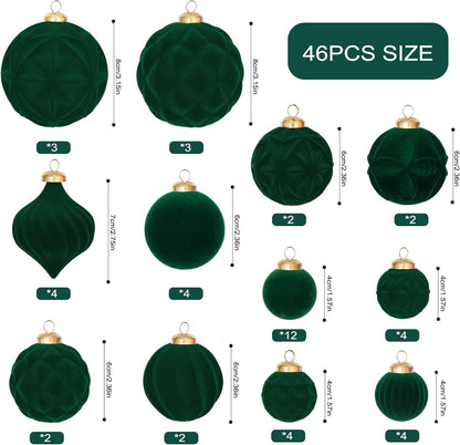 46PCS Velvet Christmas Ball Ornaments Set, Flocked Shatterproof Xmas Tree Decor, Assorted Hanging Ornaments with Loop for Holiday Home Decor, Christmas Tree, Mantel, Party Decoration (Green)